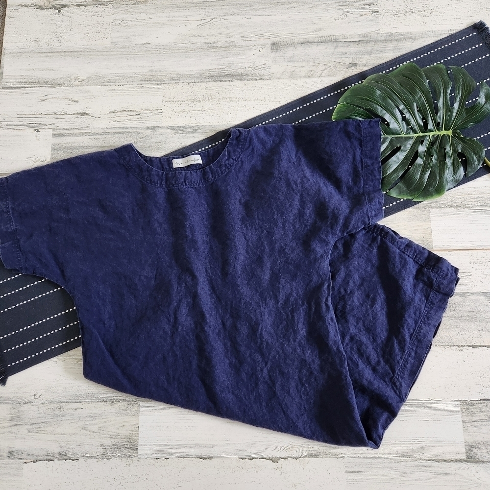 Love And Confuse Olivia Linen Midi Dress Navy Blue Size Medium